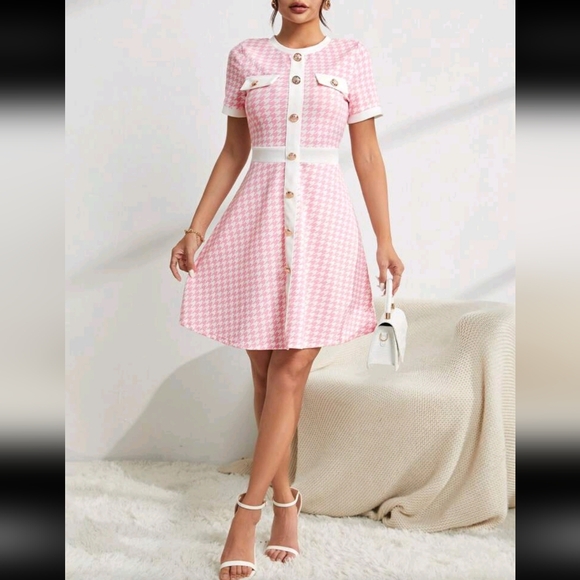 Pink Houndstooth Button-Front Dress - Picture 4 of 6